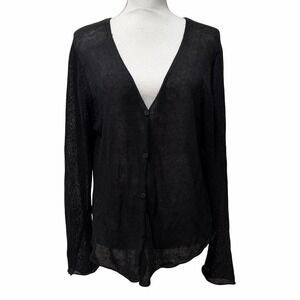 Eileen Fisher Womens 100% Linen Open Knit Cardigan Size L Black Beachy Travel